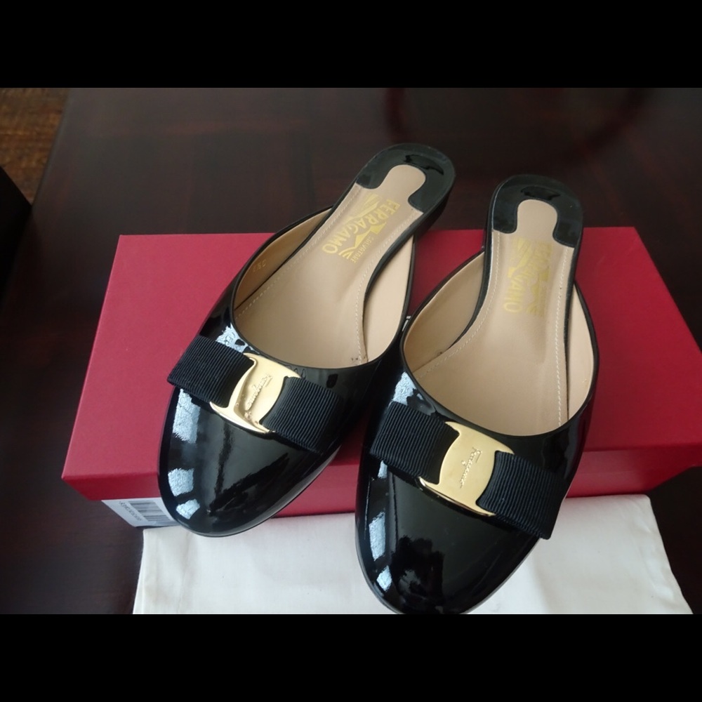Salvatore Ferragamo Black Emile Patent  Slides